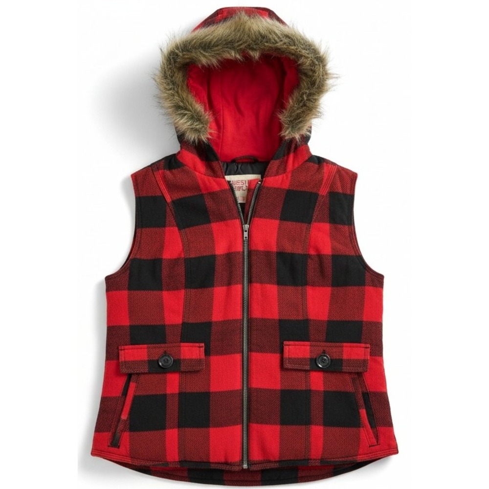 Mossimo Women's Large Red Black Plaid Hooded Vest Faux Fur Trim Buffalo Check